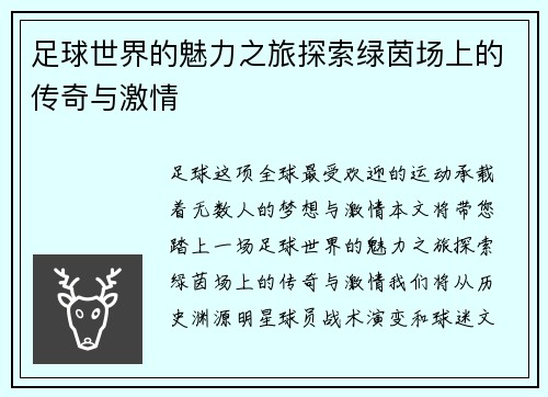 足球世界的魅力之旅探索绿茵场上的传奇与激情