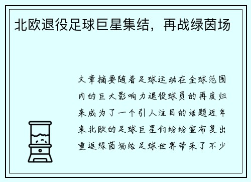 北欧退役足球巨星集结，再战绿茵场